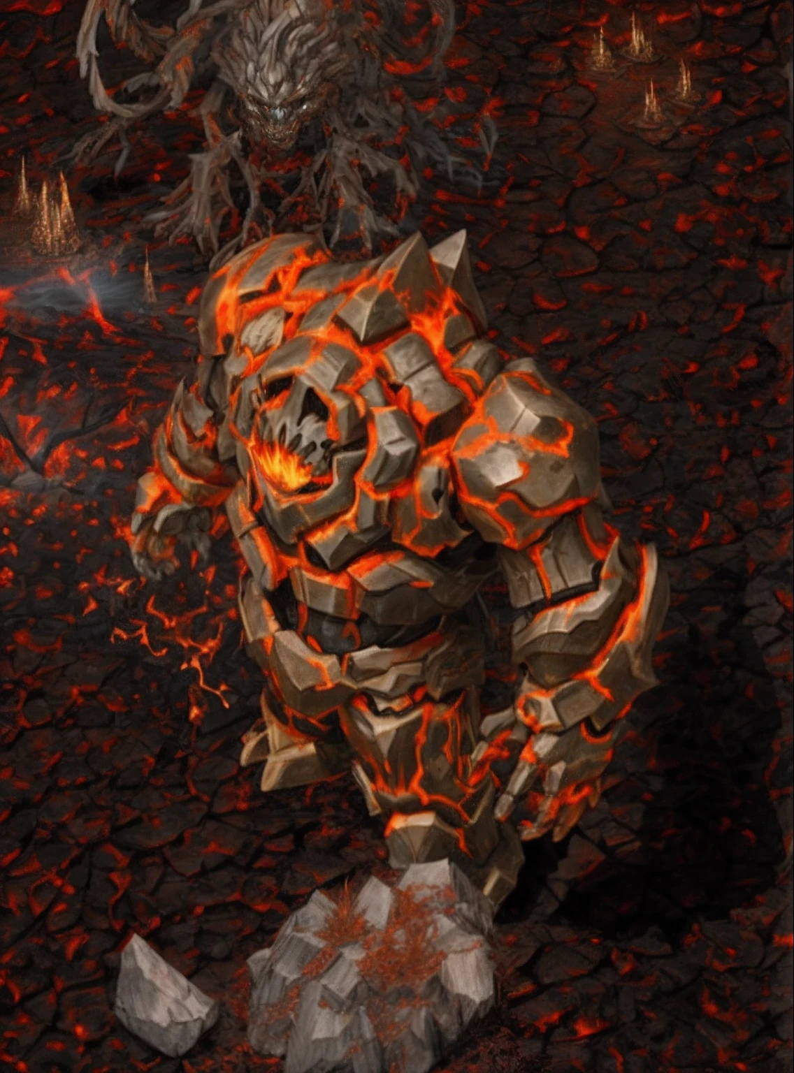 There was a man standing in the forest，Carrying a fire, fire golem creature, Volcanic skeleton, theelementoffire, full dress of lava showcase, flame conjuring armored, detailed hot maw, Burnt armor, minotaur from path of exile, fire giant, stone golem, body with black and red lava, black fire color reflected armor, molten