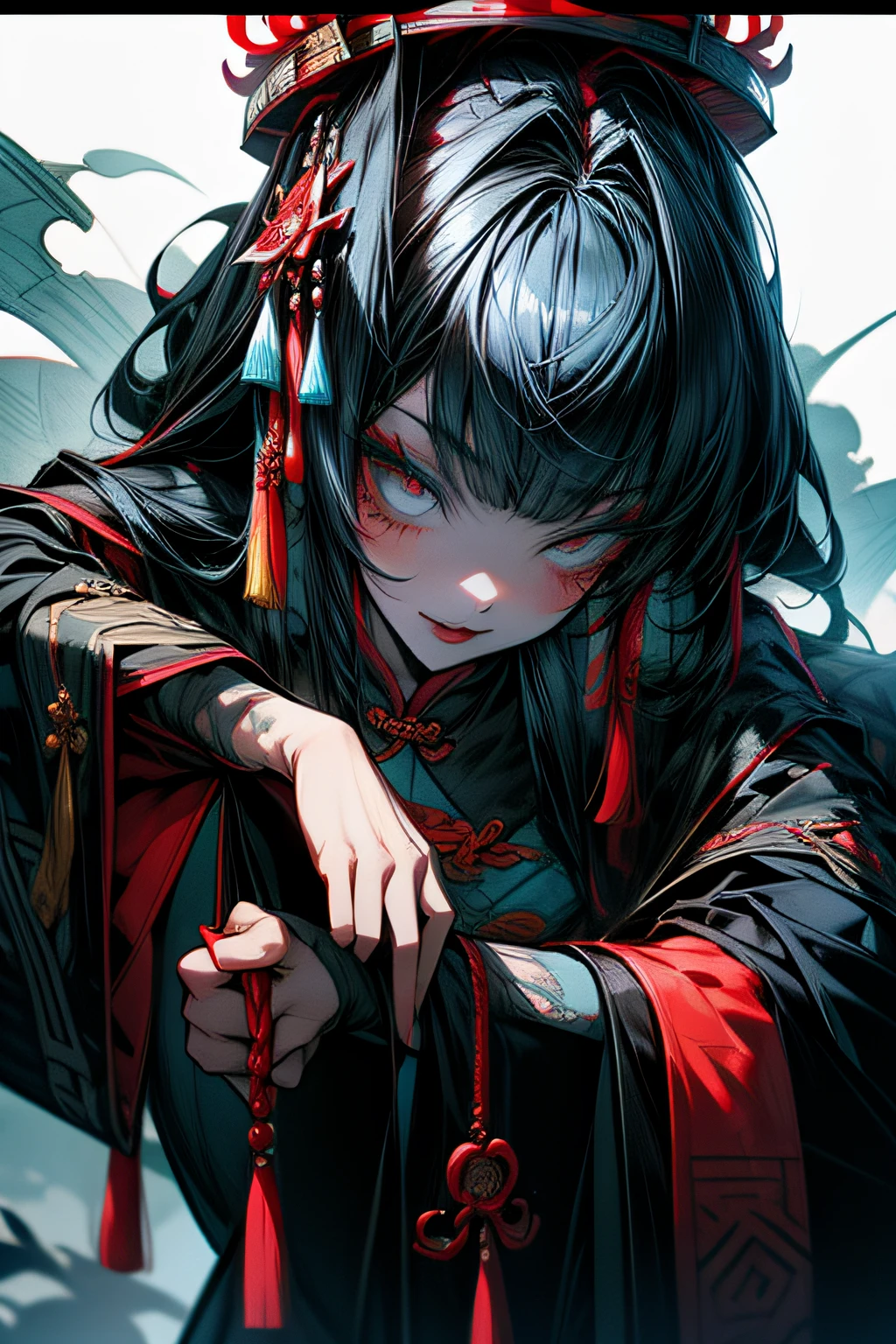 Chinese Gothic Punk、JIANGSHI style,Daughter of the Chinese emperor、Overwhelming intimidation、Put your hands in your sleeves,(Comic Noir Style),(linear art_Anime),(solid color_highcontrast),(masutepiece, Best Quality, ),(Laura Bad Picture:1.2),(Lora Add Details:1.2),8K, Flat color:1.2,1girl in,JIANGSHI QUEEN SITTING ON A CRIMSON THRONE WEARING A HEAVY CLOAK,JIANGSHI,BEAUTY JIANGSHI、Very long hair、Chinese Opera style makeup,Luxurious costume with beautiful embroidery_Dragon and phoenix embroidery:1.2,(lora:add more detail:1.2)