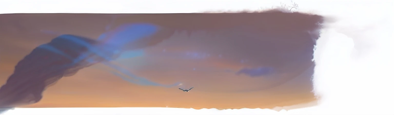 There is a blurry image of a bird flying in the sky, Sunset fog with fireflies, sunset panorama, Sunset in background, Undulating clouds, dusk sunset in background, emitting spore clouds, ceremonial clouds, Venus breaks dawn, visible sky and humid atmosphere, the are In the background, wide image, flying saucer in the sky, Dawn background