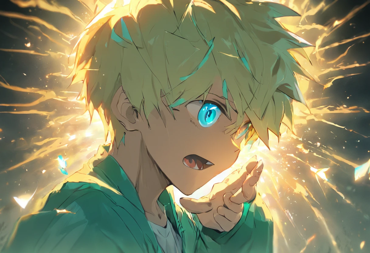 generate an image of a teenage boy with blonde hair and blue eyes angrily Conjuring a green light bowl on his hand, 4k, in a school corridor, illustration.