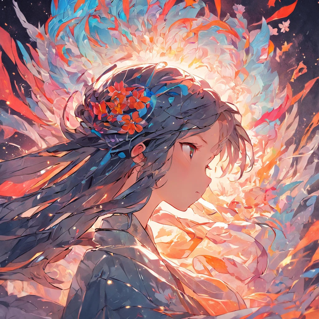 (White background:1.4),(Silhouette of a girl's head, Eyes closed, colorfull long hair, Oriental elements),(Chinese illustration:1.3,paper art:1.3, Quilted paper art:1.2),( reasonable design, Clear lines, High sharpness,Best quality, Very detailed, Masterpiece, movie light effect, 4K )