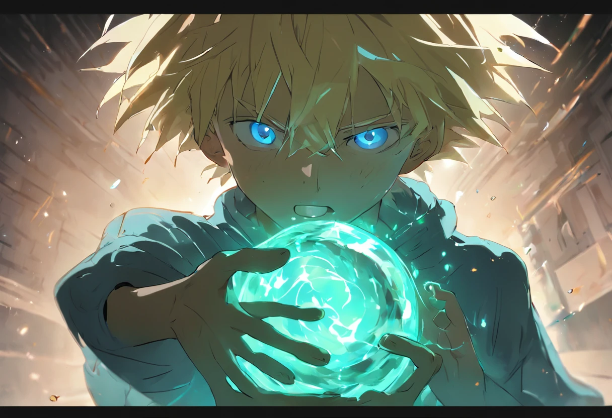 generate an image of a teenage boy with blonde hair and blue eyes angrily Conjuring a green light bowl on his hand, 4k, in a school corridor, illustration.