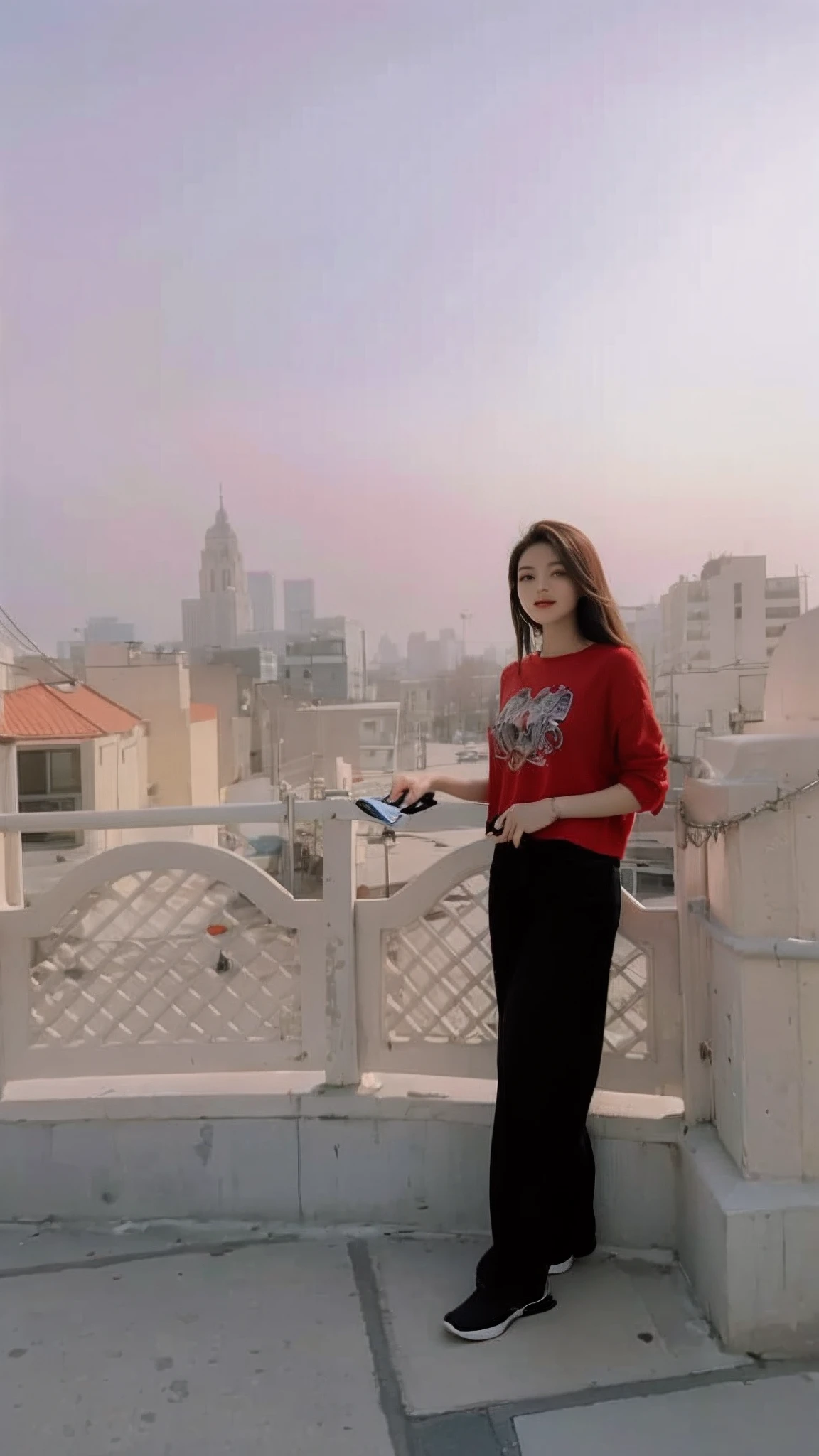 Beautiful woman, fiddling with cell phone in the middle of the street, short clothes