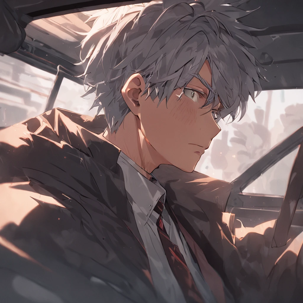 4K, hairy chest, ,middle aged man,Big back,Sit in the car,drivers seat,Vehicle interiors,Black and white hair,stubbles,wind coat,Business suit,hoary,Wrinkles,Exaggerated expressions,two tone color hair,eye glass, Detailed face, Perfect face, Detailed background, On the street,Real street background,The contour is sharp