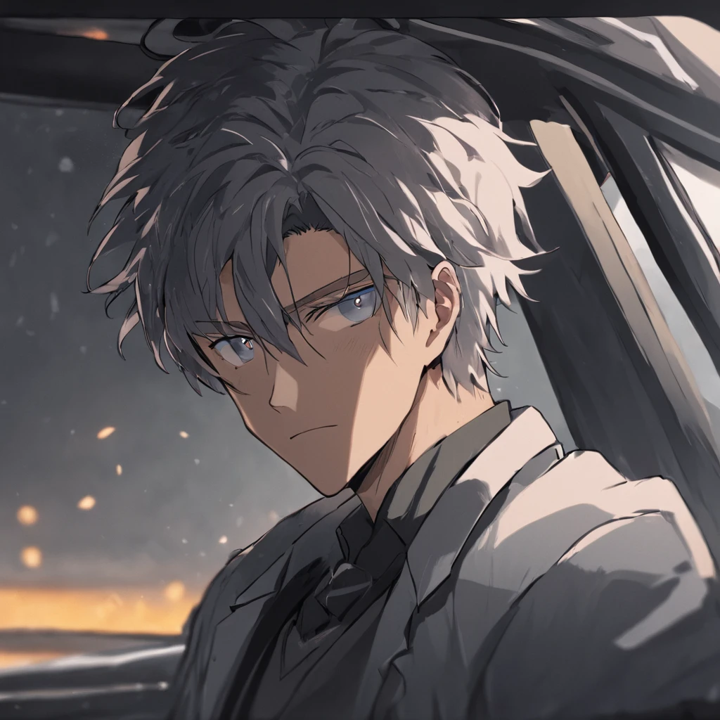 4K,  hairy chest, ,middle aged man，Big back，Sit in the car，drivers seat，Vehicle interiors，Black and white hair，stubbles，wind coat，Business suit，hoary，Wrinkles，Exaggerated expressions，two tone color hair，eye glass， Detailed face, Perfect face,  Detailed background,  On the street，Real street background，The contour is sharp
