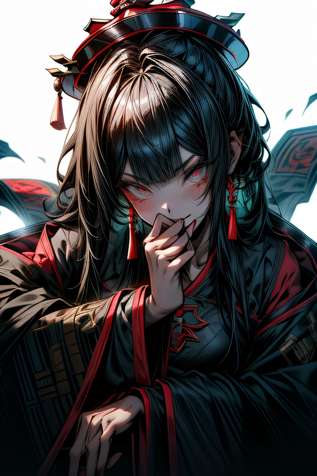 Chinese Gothic Punk、Jiangshi Style,Daughter of the Chinese emperor、Overwhelming intimidation、Put your hands in your sleeves,(Comic Noir Style),(linear art_Anime),(solid color_highcontrast),(masutepiece, Best Quality, ),(Laura Bad Picture:1.2),(Lora Add Details:1.2),8K, Flat color:1.2,1girl in,Queen of Jiangshi wearing a heavy cloak and sitting on a crimson throne,jiangshi,Beauty Eishi、Very long hair、Peking Opera style makeup,Luxurious costumes with beautiful embroidery_Dragon and phoenix embroidery:1.2,(lola:add more details:1.2)