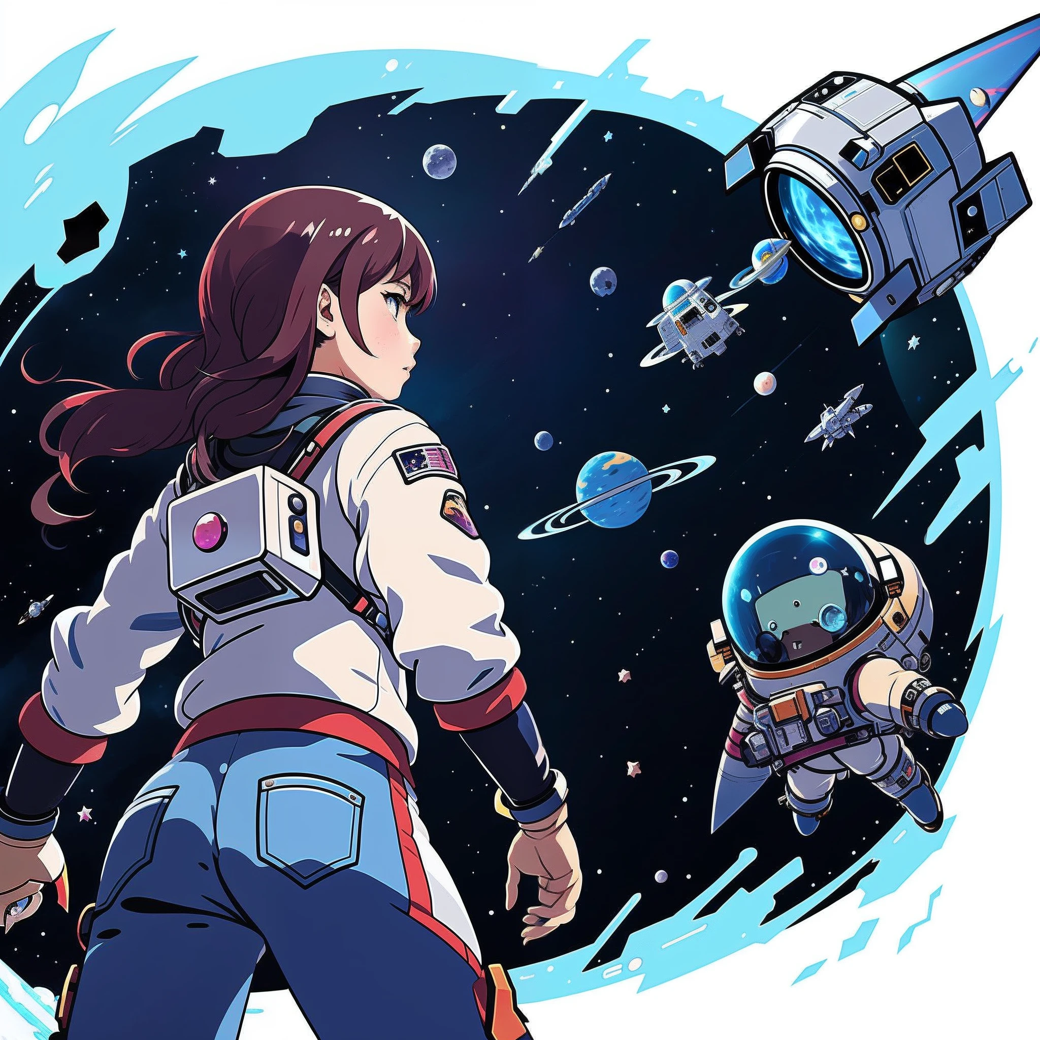 Anime girl in space with spaceships and spaceships in the background, portrait anime space cadet girl, girl in space, official illustration, official arts, promotional art, 8K!, Art for the game, In deep space, Artworks from the Borne Space Library, official artwork, Cosmic Molly, Game art, cushart kenz, in space, Game art!!
