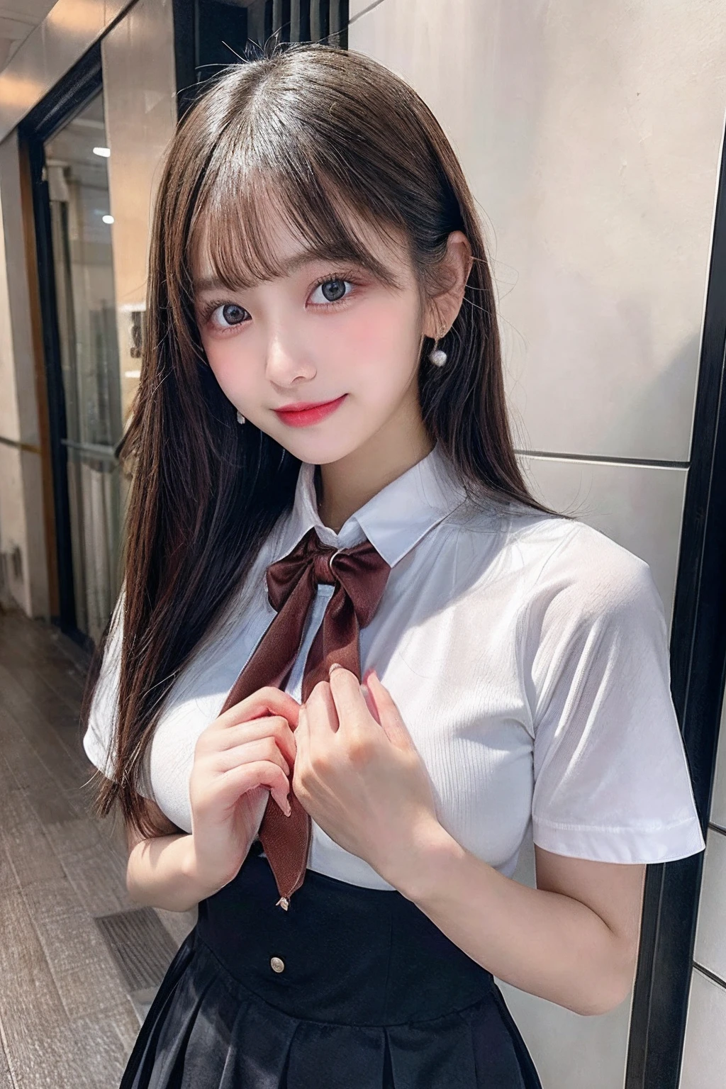 full body Esbian,Many piercings,bangss,top-quality,ultra-detailliert,masterpiece,realisitic,Photo Real,Bright lighting,1 girl in, (kawaii:1.2),Thin smile, (Brown eyes),(bangss),perfect glossy skin,flawless skin,large full breasts,((accurate hands without incongruity)), big breasts thin waist, Look at viewers,full body Esbian,校服,neck tie,Eye lashes,dual, girl,a baby face,Stir,