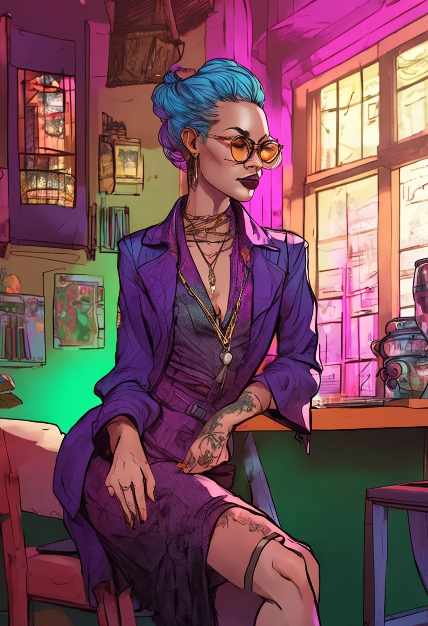 An ultra high-resolution photograph of a stylish cyberpunk gothic flat chested Eurasian librarian immersed in relaxation at a trendy café in the Philippines. With (vibrant rainbow colored blue green pink orange hair) elegantly tied in a bun, she adorns brass colored glasses, and is dressed in a stunning (purple Victorian-inspired dress). Seated by a window, basked in the warm glow of natural daylight, the hipster decor perfectly complements her aura. Shot with a wide-angle lens, capture the intricacies of the café's interior, showcasing every exquisite detail. by Annie Leibovitz, Nikon D850, Nikon AF-S NIKKOR 24-70mm f/2.8E ED VR lens, capture this image using a medium shot, ambient light setting, ISO 100, shutter speed 1/125, aperture f/2.8, this visually stunning image demands a staggering 8k resolution.