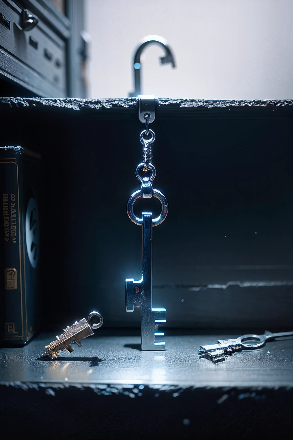 A key,dark blue tint,No Man,still-life