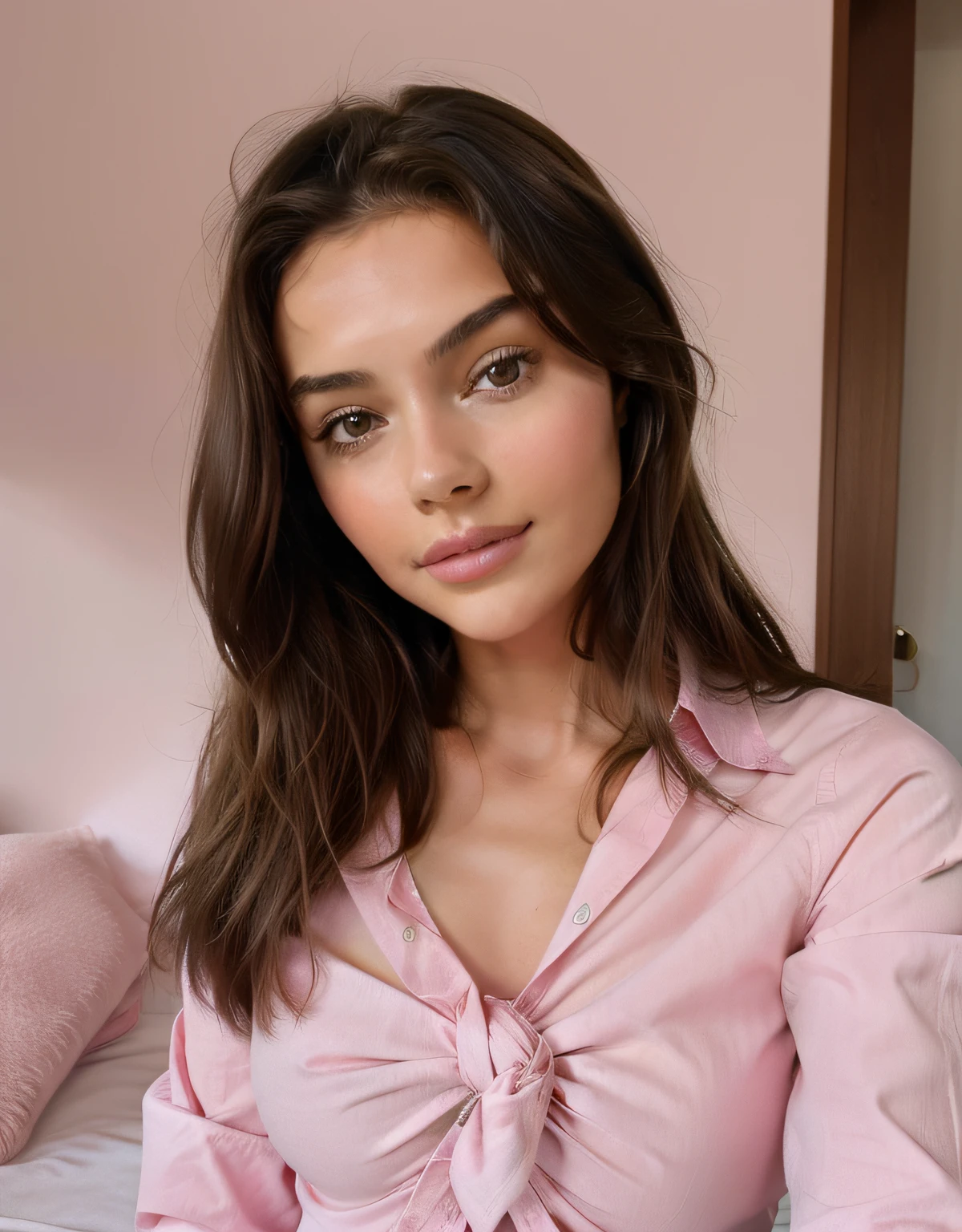 Young brunette woman in knotted pink shirt, selfie snapchat, pose naturelle proche visage, insta story