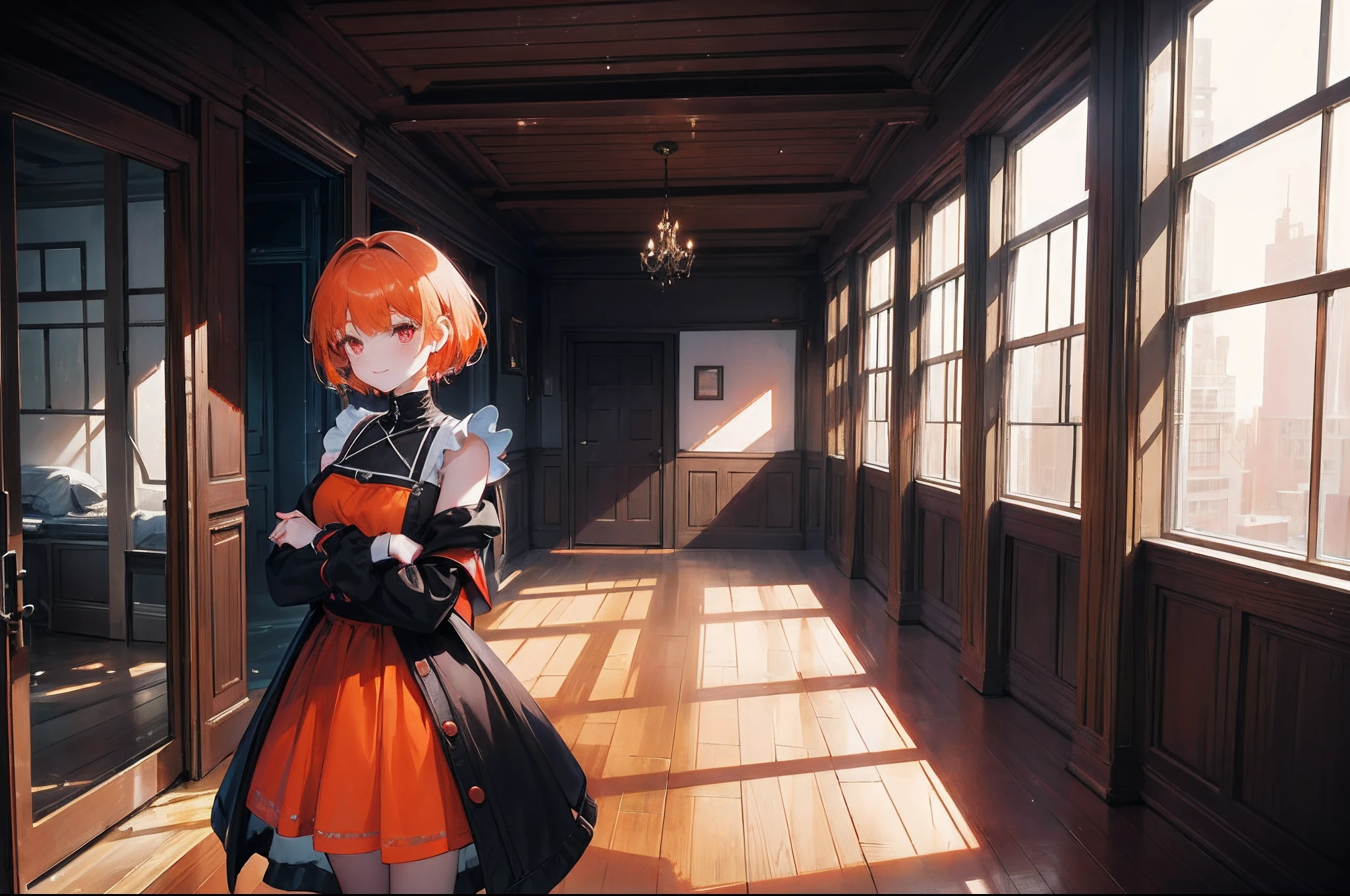 Aberrant colours, best quality, cinematic lighting, highest resolution, 8k, young woman, 1 girl, solo, red eyes, short hair, orange hair, wearing maid_dress under tattered coat, smile, nimble figure, cute pose, standing, looking at viewer from the side, destroyed inner room of a household as background