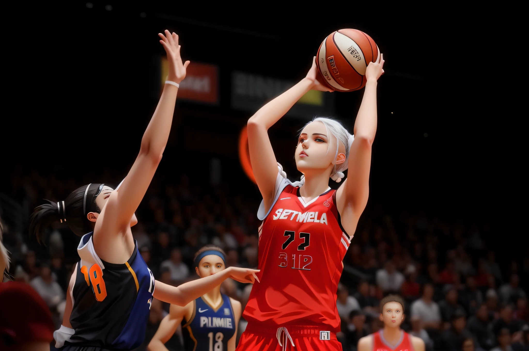 There is a teenage girl posing for a shoot,Basketball in both hands,basketball player,Wear a basketball shirt,slender figures,with white hair in a braided ponytail,On the gymnasium basketball court,photo from the olympic games,Best anime 4k konachan wallpaper, Detal Face, full bodyesbian, Guweiz on ArtStation Pixiv, Realistic anime 3 D style, Badass anime 8 K, Guweiz in Pixiv ArtStation, trending on artstation pixiv, Guviz-style artwork, style of anime4 K