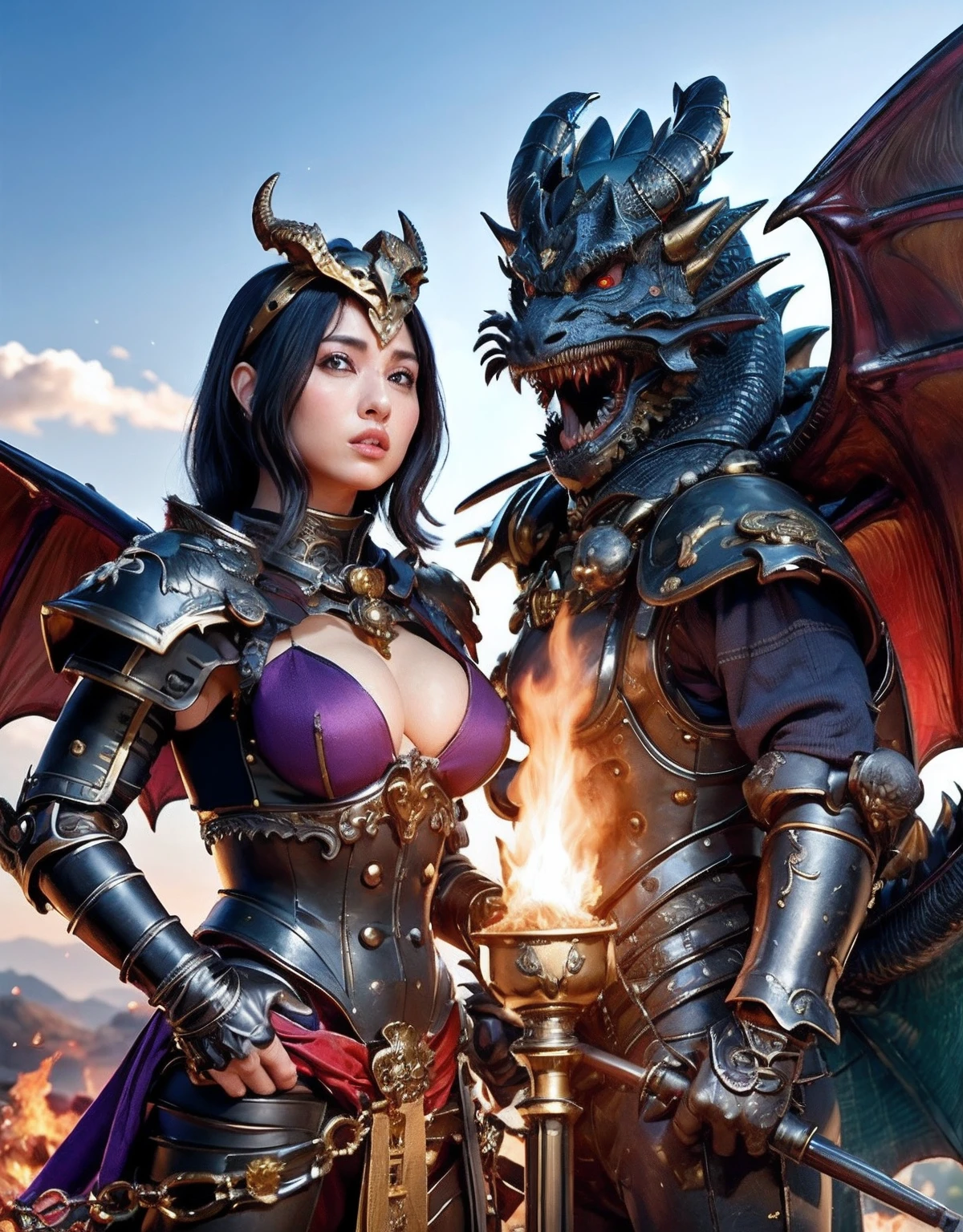 Professional , ​masterpiece、top-quality、photos realistic , depth of fields 、（Dragon Blue Metal Body:1.９),(Enamel purple、（cleavage of the breast）、Mystical expression、Dragon Gold Weapon、（Red Micro Bikini Armor:1.４),Gorgeous gold weapons ,Particles of light、（（ Dragon's dense and gorgeous sword）） , （demonic wings）、（（a blond））、（Castle background）、（（Gangle's forest background））、（（Fight dragons））、Beautiful Caucasian beauty、１a person、dynamic ungle,(((Detailed and ornate dragon helmet)))、Smaller head、A smile、Castle background、Thin and beautiful female hands、cleavage of the breast、Soldier in iron armor on background、Mystical expression、Light Effects、intense fighting、Wind-effect、magic circles、With the legendary magic wand、Dragon's tail、explosions、Anatomically correct body、