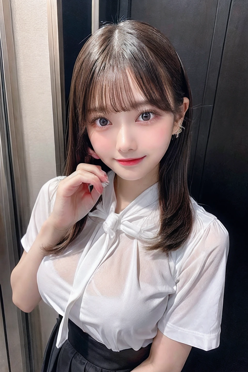 full body Esbian,Many piercings,bangss,top-quality,ultra-detailliert,​masterpiece,realisitic,Photo Real,Bright lighting,1 girl in, (kawaii:1.2),Thin smile, (Brown eyes),(bangss),perfect glossy skin,flawless skin,large full breasts,((accurate hands without incongruity)), big breasts thin waist, Look at viewers,full body Esbian,校服,neck tie,Eye lashes,dual, girl,a baby face,Stir,