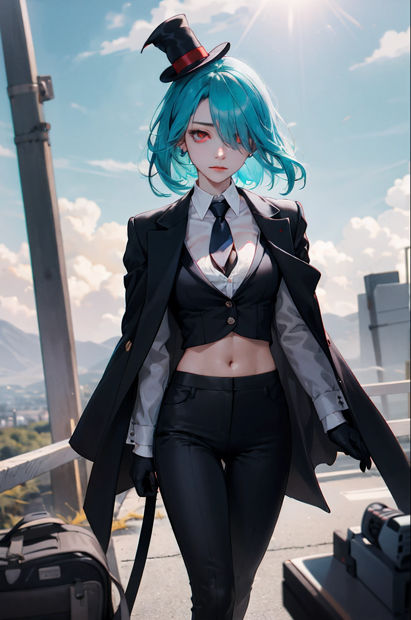 Kyoto animation style, whole body, eyelashes, breast squeeze, sweat, flat chest, girl,woman,female, young,20 years old, medium hair, messy hair, bangs, hair over one eye, hair over shoulder, aqua hair, flowing hair, ahoge, beautiful detailed cold face, expressionless, bright pupils, closed_mouth, cleavage, navel, zettai_ryouiki, red eyes, white skin, black_ribbon, Gentleman's high hat, piercing, neck_ribbon, black_gloves, tail coat, necktie, black_pants, black_footwear, open_clothes, black Clothes, randomly distributed clouds, outdoors, lens flare, Very detailed CG unified 8k wallpaper, absurdres,