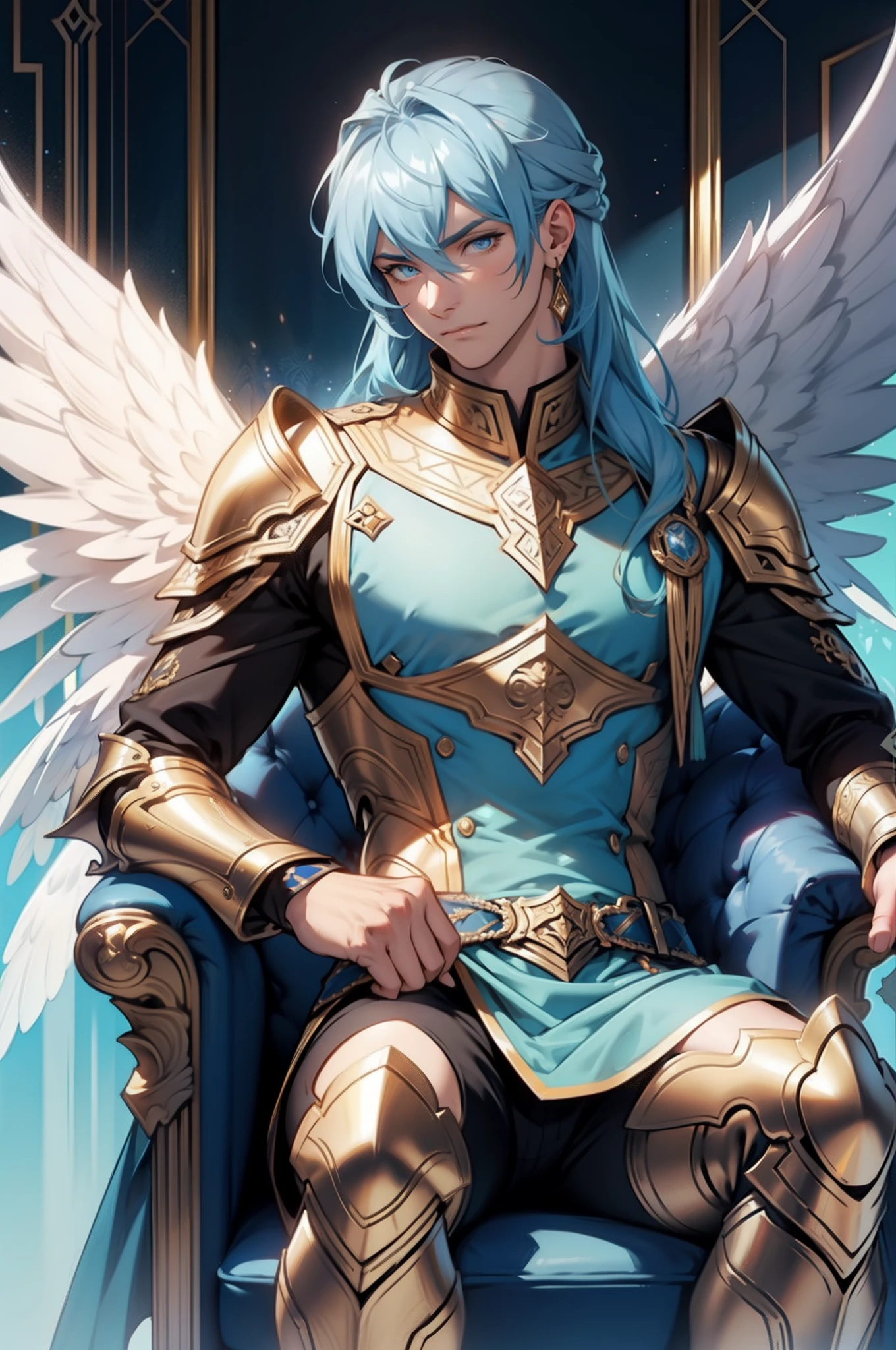 1 Male angel，skyblue hair，Noble and elegant，ultra - detailed， （s fractal art：1.4）， rich colourful， detailed back ground，（Fractals in the background：1.2），sit on luxurious sofa，White six-winged，Golden armor，divino，hight contrast， Ray traching， cinmatic lighting， （Start from the front：0.6）