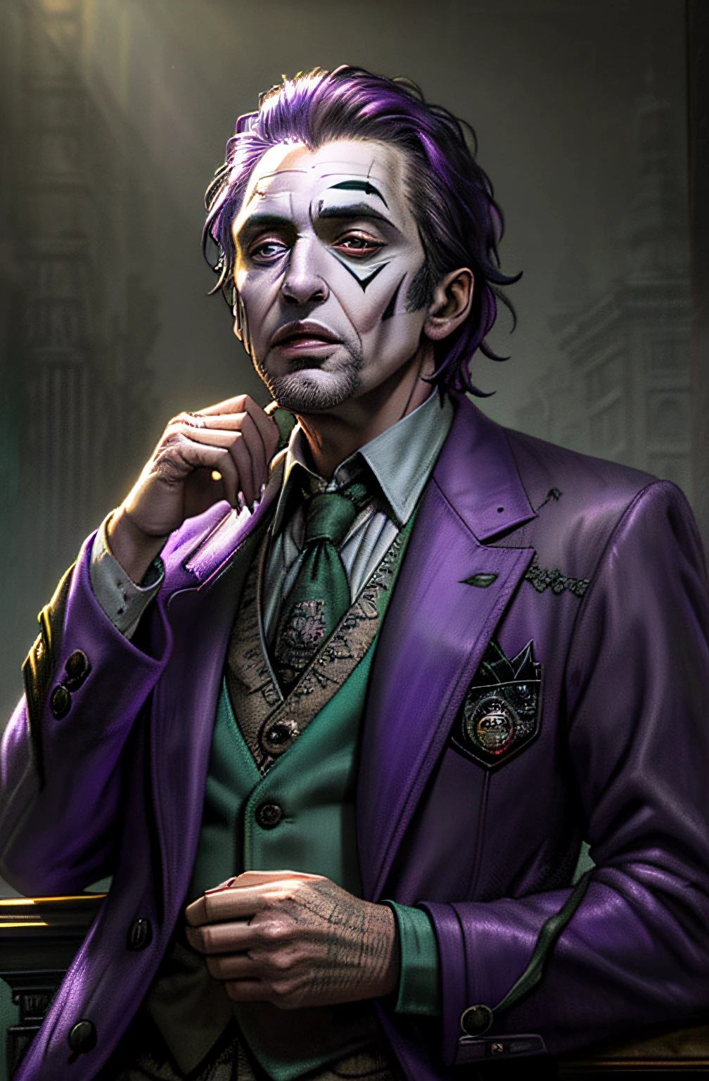 (Al Pacino as The Joker) ,epic, realistic, faded, neutral colors, ((((hdr)))), ((((muted colors)))), intricate scene, artstation, hyperdetailed, cinematic shot, warm lights, dramatic light, intricate details, vignette, complex background, [[teal and orange]], slate gray atmosphere, perfect lighting, perfect shading, (photorealistic:1.6), (((purple jacket))),