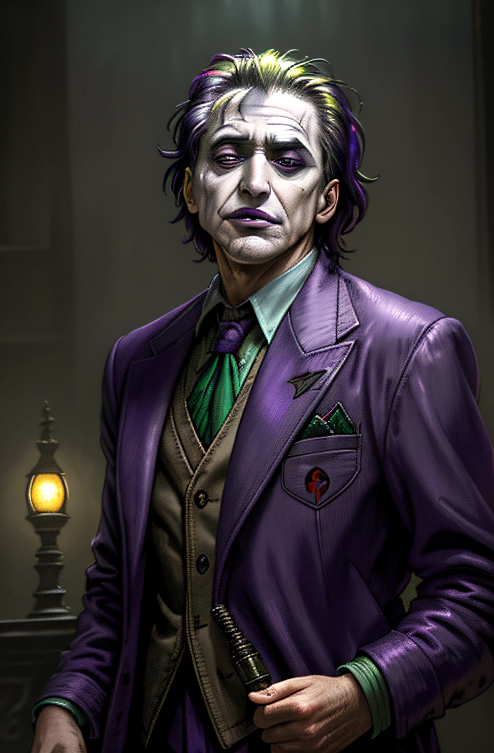 (Al Pacino as The Joker) ,epic, realistic, faded, neutral colors, ((((hdr)))), ((((muted colors)))), intricate scene, artstation, hyperdetailed, cinematic shot, warm lights, dramatic light, intricate details, vignette, complex background, [[teal and orange]], slate gray atmosphere, perfect lighting, perfect shading, (photorealistic:1.6), (((purple jacket))),