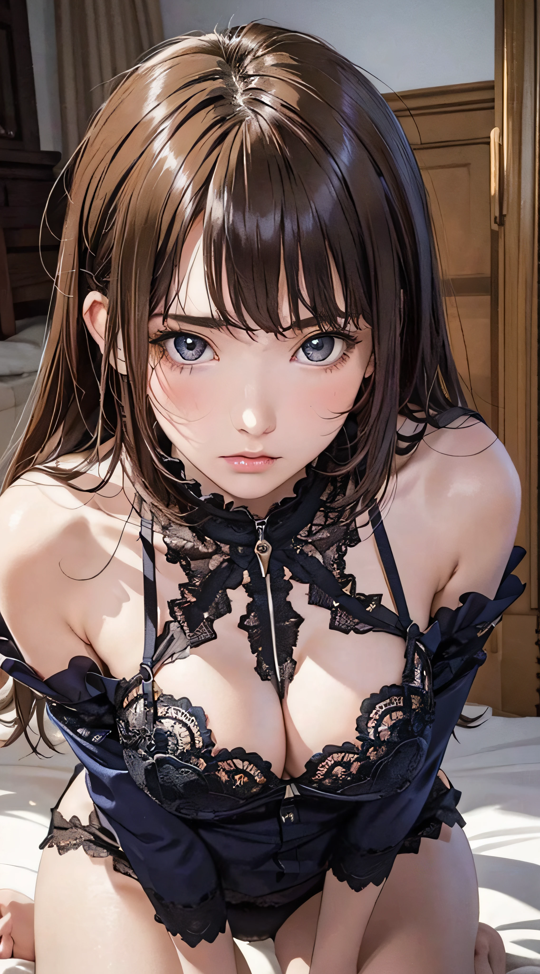 (1girl:1.3), cinematic light, (masterpiece, top quality, best quality, official art, beautiful and aesthetic:1.3), extreme detailed,highest detailed,(ultra-detailed),((an extremely delicate and beautiful)), ((Crouch down on dark night on the floor of the apartment)), from above, solo, breasts, silky long hair, (brown hair), Casual clothes, blue Lace inner, open breast, 26 years old, unsteady gaze, torn clothes, anxious, embarrassed, (looking up:1.4)