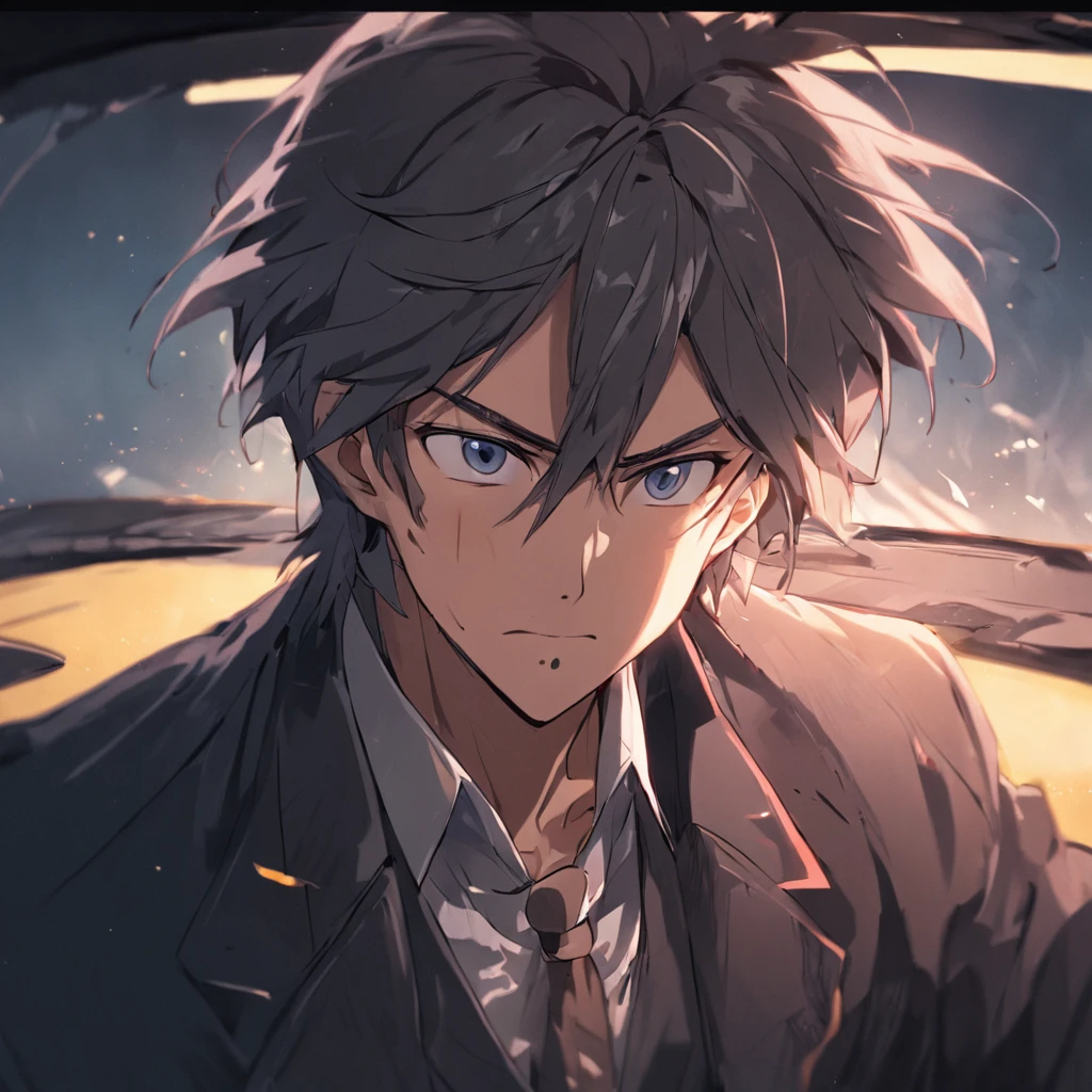 4K, hairy chest, ,middle aged man,Big back,Sit in the car,drivers seat,Vehicle interiors,Long mouth,Exaggerated expressions,Black and white hair,stubbles,wind coat,Business suit,hoary,Wrinkles,Exaggerated expressions,two tone color hair,eye glass, Detailed face, Perfect face, Detailed background,