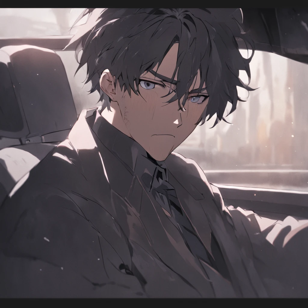 4K, hairy chest, ,middle aged man,Big back,Sit in the car,drivers seat,Vehicle interiors,Long mouth,Exaggerated expressions,Black and white hair,stubbles,wind coat,Business suit,hoary,Wrinkles,Exaggerated expressions,two tone color hair,eye glass, Detailed face, Perfect face, Detailed background,