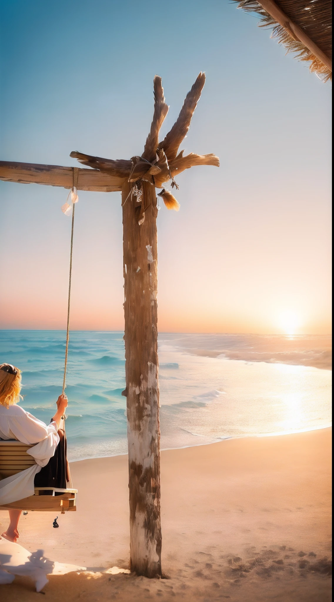 araffe sitting on a swing on the beach looking out at the ocean, sitting at the beach, sitting on the beach, it's is relaxing on a beach, in a beachfront environment, relaxing at the beach, relaxing on the beach, photoshoot, hanging, having a great time, wallpaper - 1 0 2 4, sunny day, beautiful sunny day, breathtaking shot