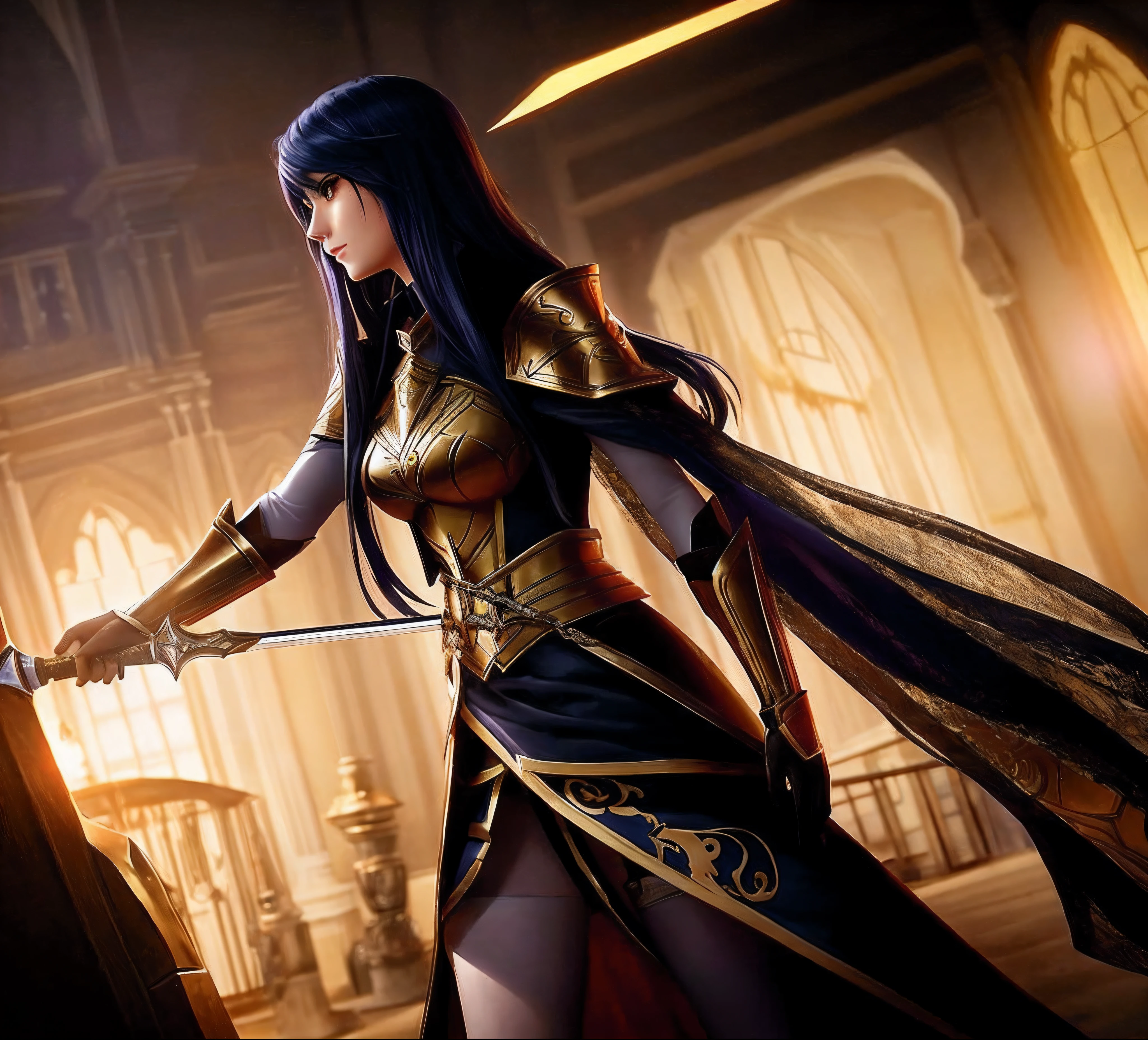 A woman in a costume，One with a sword, Irelia from League of Legends,  Gorgeous Role Play, cosplay foto, Irelia, gorgeous female paladin, glamourous cosplay, black and golden armor