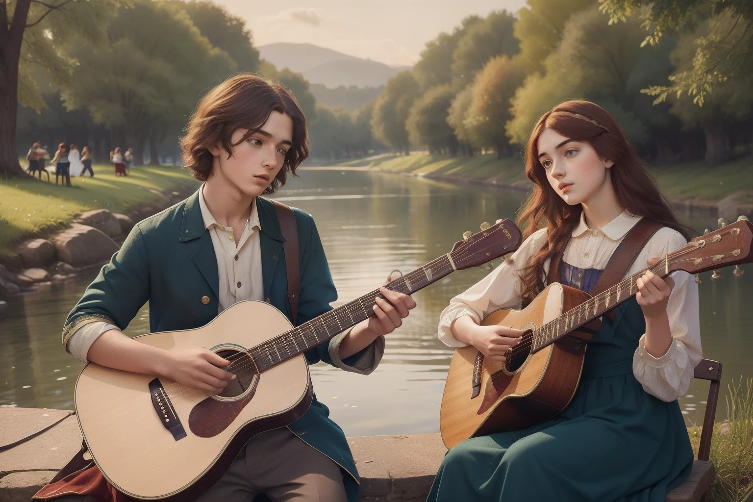 Embrace the Pre-Raphaelite aesthetic to depict a teenage boy, dressed in vintage-inspired clothing, passionately strumming a guitar by the riverside, as a group of friends gather to enjoy a spontaneous riverside concert.