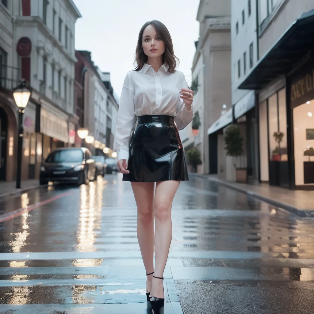 RAW, analog, Nikon Z 85mm,((best quality)), ((masterpiece)), ((realistic)),vintage image, gorgeous French woman, 18 year old, posing in a street, wearing tight office shirt and skirt, , (freckles:0.6), intricate details, highly detailed, sharp focus, professional, 4k, god rays, hand model, stunning blue eyes, , highres, detailed facial features, high detail, sharp focus, smooth, extremely detailed, photo_\(ultra\), photorealistic, realistic, post-processing, max detail, roughness, real life, ultra realistic, photorealism, 8k uhd, SEMI-SILHOUETTE light, russian face, big full breast, big full glutes, hourglass figure, roundy hips, wet, she is wet in the rain, wet tight office shirt and tight ultra tight skirt close fitting to big full glutes, wet, kneeling pose, white paint on face,