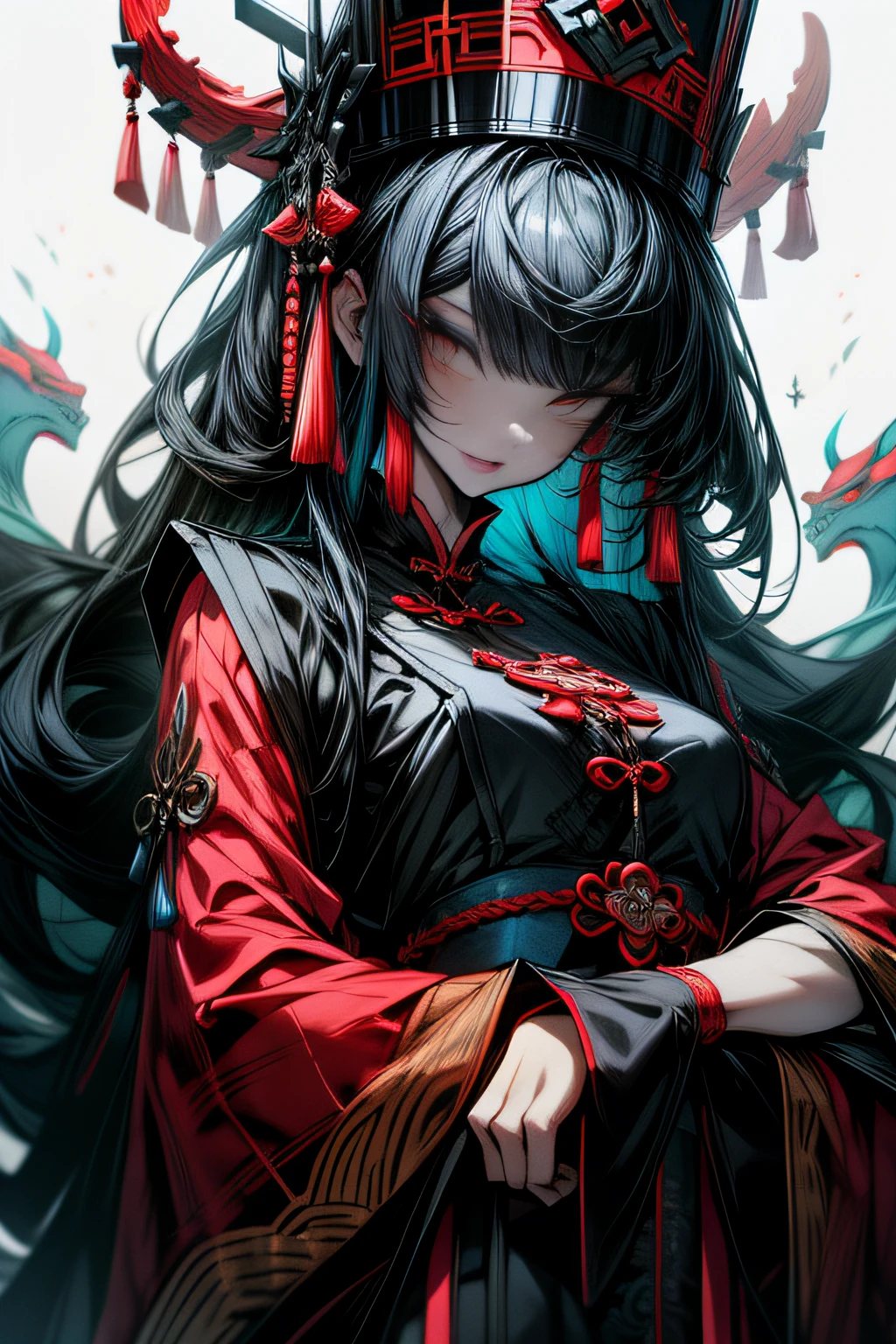 Chinese Gothic Punk、JIANGSHI style,Daughter of the Chinese emperor、Overwhelming intimidation、Put your hands in your sleeves,(Comic Noir Style),(linear art_Anime),(solid color_highcontrast),(masutepiece, Best Quality, ),(Laura Bad Picture:1.2),(Lora Add Details:1.2),8K, Flat color:1.2,1girl in,JIANGSHI QUEEN SITTING ON A CRIMSON THRONE WEARING A HEAVY CLOAK,JIANGSHI,BEAUTY JIANGSHI、Very long hair、Chinese Opera style makeup,Luxurious costume with beautiful embroidery_Dragon and phoenix embroidery:1.2,(lora:add more detail:1.2)