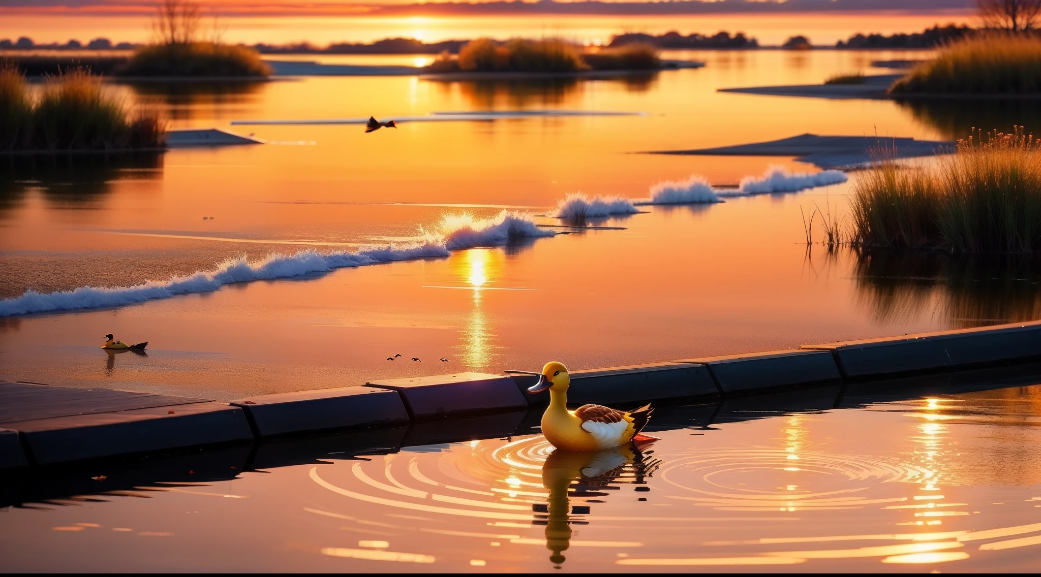 The sunset and the lone duck fly together, and the autumn water grows in the same color as the sky