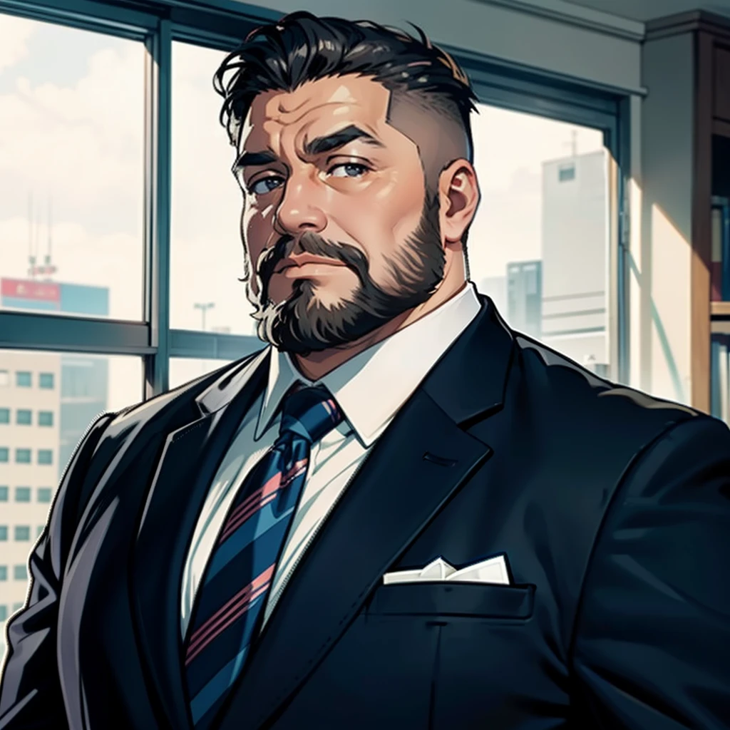 A middle-aged man,Slightly fat,Squint,dressed in a suit, beard, in company
