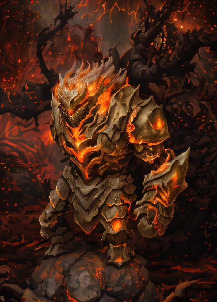 There was a man standing in the forest，Carry the fire, fire golem creature, Volcanic skeleton, theelementoffire, full dress of lava showcase, flame conjuring armored, detailed hot maw, Burnt armor, fire giant, minotaur from path of exile, stone golem, body with black and red lava, black fire color reflected armor, molten