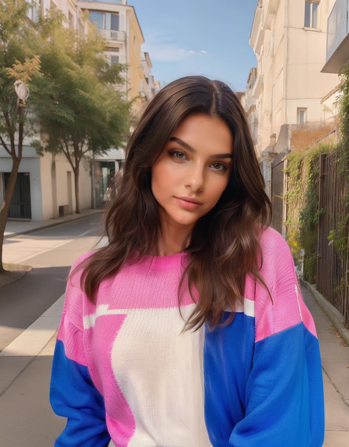 Young brunette woman in colorful sportswear sweater , selfie snapchat, pose naturelle proche visage, insta story