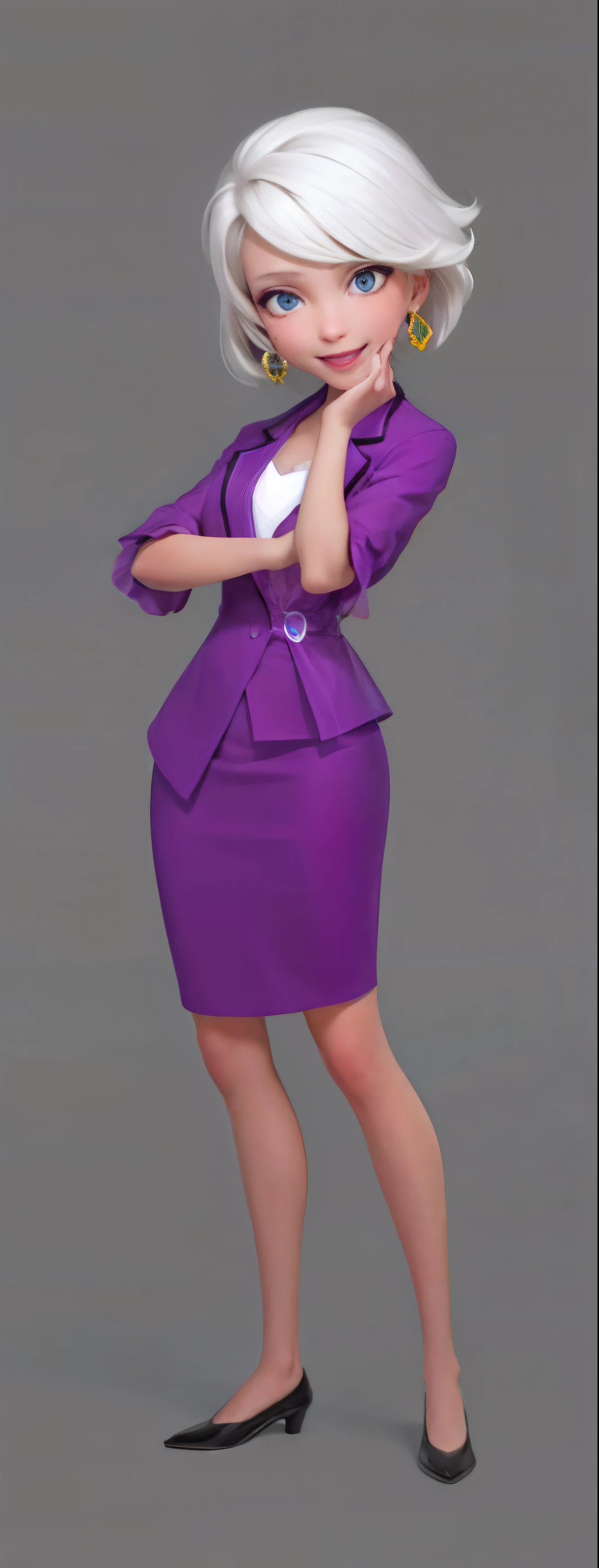 (tmasterpiece:1.4), (best qualtiy:1.4), (A high resolution:1.4),middle aged women,full bodyesbian, White color hair, ssmile,Purple clothes,Wear earrings,