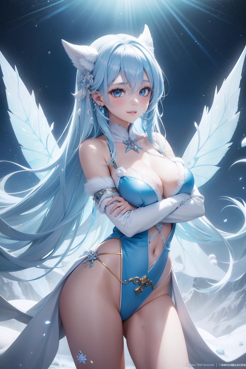 hposing Gravure Idol　a beauty girl　A smile　sky blue hair　long　White and blue costume　Mystical　Fictional creature chimera

Spirit of Polar Light
World of ice and snow
The power of light and magic
Guardian of nature
Symbol of good luck or blessing
Butoh and music
Fantastic existence
Polar Fairy
Arctic and Antarctic
Beauty and mystique
