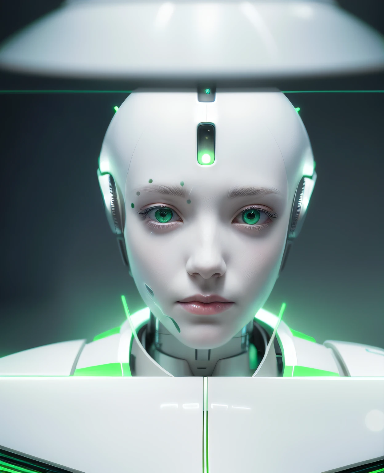 A robot with green eyes and a white head, portrait of a futuristic robot, portrait of female android, portrait of female android, sci-fi android female, humanoid robot close up, beautiful android woman, portrait of an android, detailed face of an android, portrait of female humanoid, beautiful white girl cyborg, beautiful female android, perfect android girl