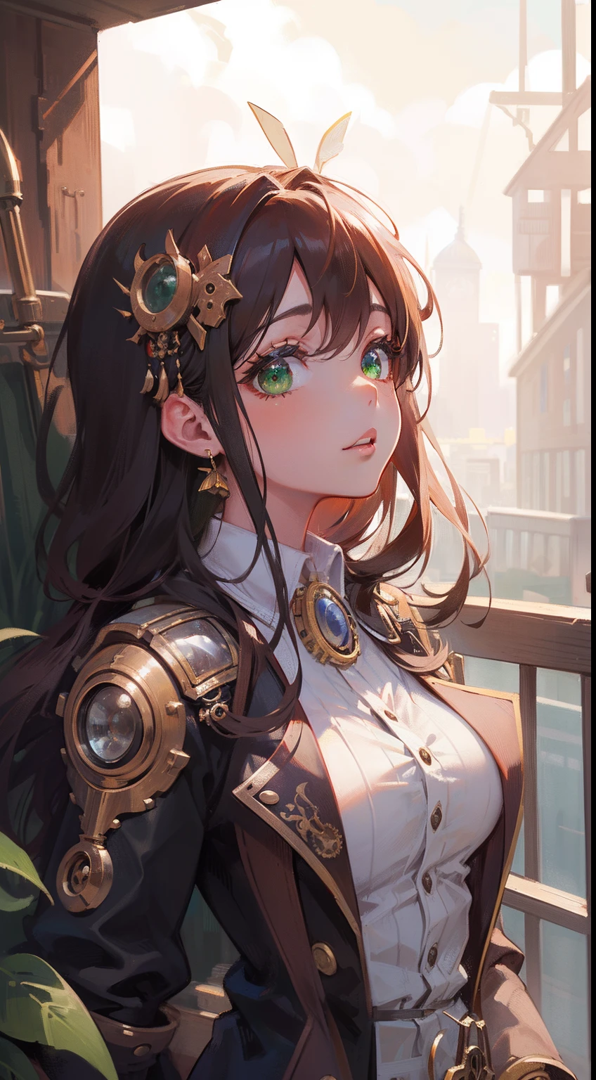 (masterpiece), (best quality), ultra high res, upper body, (from ground), (steampunk theme:1.3), volumetric lighting, ((1 mature woman, solo)), very stunning and gorgeous mature woman, beautiful detailed hair, chestnut brown hair, smooth long hair, flowing hair by wind, beautiful detailed face, perfect feminine face, ((beautiful shape eyes, green eyes)), confused face, looks at the viewer, feminine steampunk black and white outfit, standing on the steampunk city