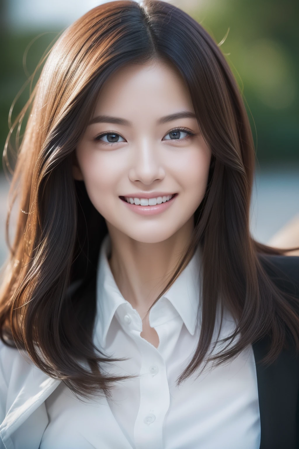 (realistic, photo-realistic:1.37),(8k, RAW photo, best quality, masterpiece:1.2), cute, ultra-detailed,heart-shaped pupils,physically-based rendering, ultra high res, kodakvision color, shot on Arricam LT Camera, bokeh, sharp focus, looking at viewer,photorealistic,realistic, solo, photorealistic, best quality,extremely detailed face,extremely detailed eyes and face, beautiful detailed eyes,absurdres, incredibly absurdres,haunting smile,Messy hair, floating hair, ,white Business suit,