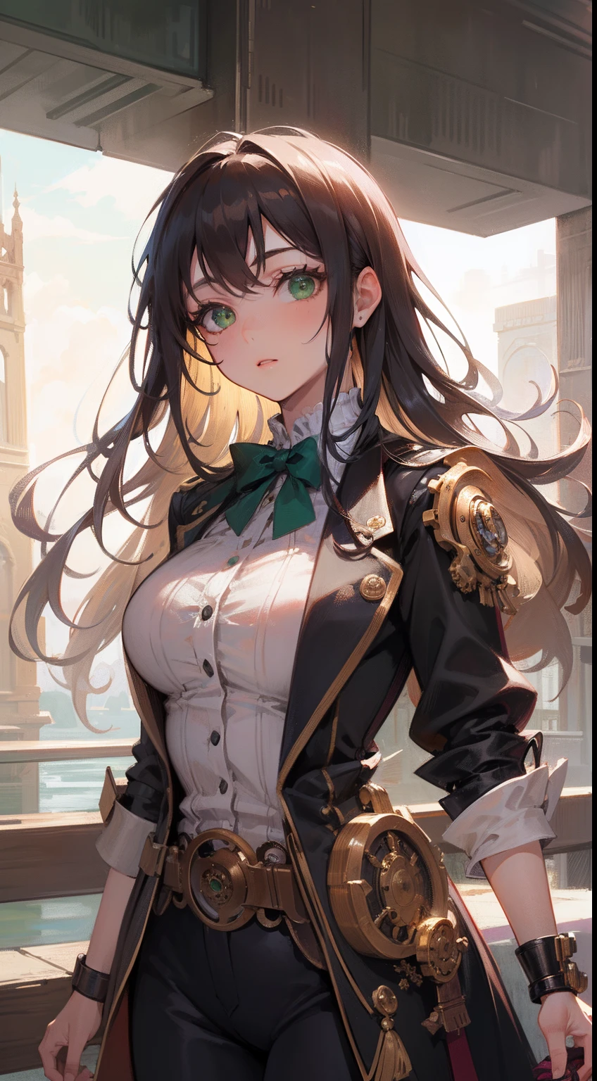 (masterpiece), (best quality), ultra high res, upper body, (from ground), (steampunk theme:1.3), volumetric lighting, ((1 mature woman, solo)), very stunning and gorgeous mature woman, beautiful detailed hair, chestnut brown hair, smooth long hair, flowing hair by wind, beautiful detailed face, perfect feminine face, ((beautiful shape eyes, green eyes)), confused face, looks at the viewer, feminine steampunk black and white outfit, standing on the steampunk city