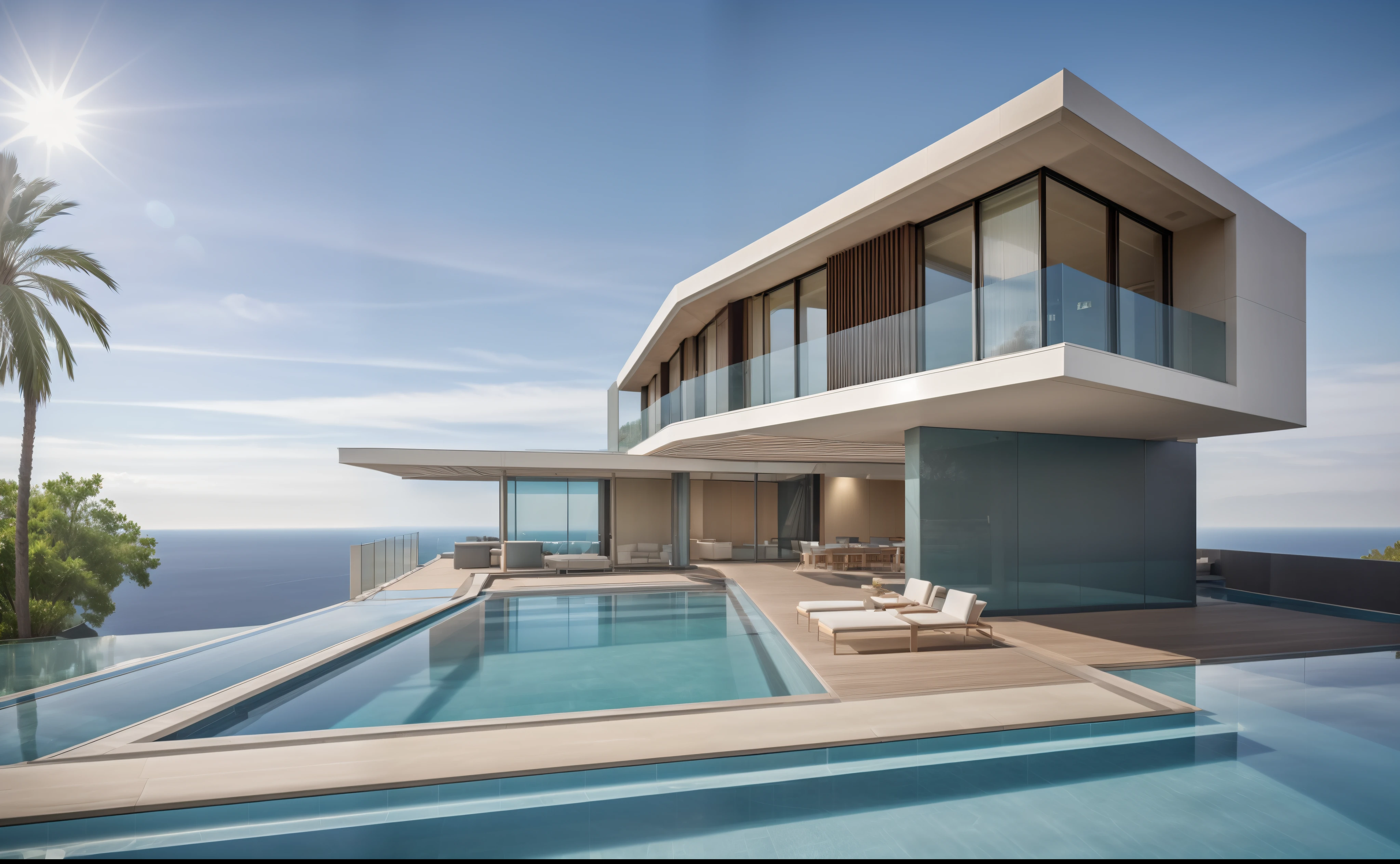 (masterpiece),(high quality), best quality, real,(realistic),( sun light:1.2), 1 pool blue clear sky:1.4, day light:1.2, super detailed, (full detail),(4k), 8k, architecture , villa pool, cloud, day, east asian architecture, ((light and shadow from canopy:1.3)), no humans, outdoors , sky, white light, tree and some flower:1.3,
