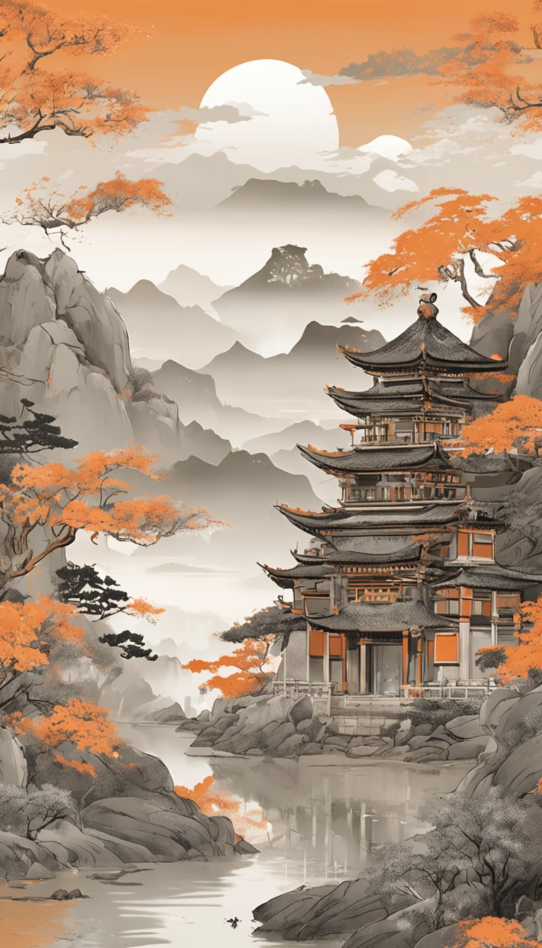 An idyllic Chinese mural, Light orange and light gray style, Layered landscape, japanese style art, monumental murals, Ricoh FF-9D, Golden Age aesthetics, Exotic landscape