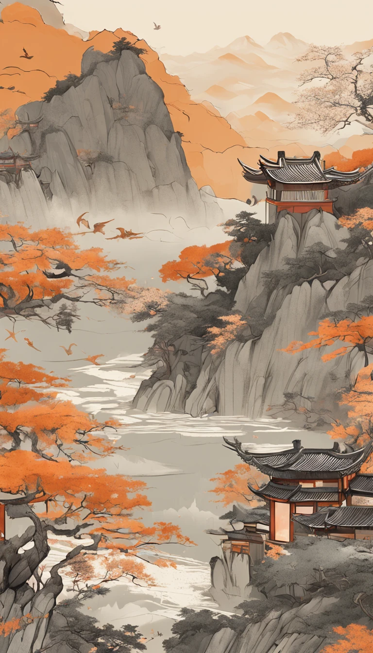 An idyllic Chinese mural, Light orange and light gray style, Layered landscape, japanese style art, monumental murals, Ricoh FF-9D, Golden Age aesthetics, Exotic landscape