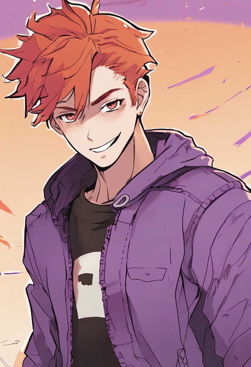 man with red hair and a purple jacket, [[[[grinning evily]]]], inspired by Un'ichi Hiratsuka, grinning lasciviously, inspired by Kamisaka Sekka, inspired by Taiyō Matsumoto, orange - haired anime boy, profile shot, red haired teen boy, halfbody portrait