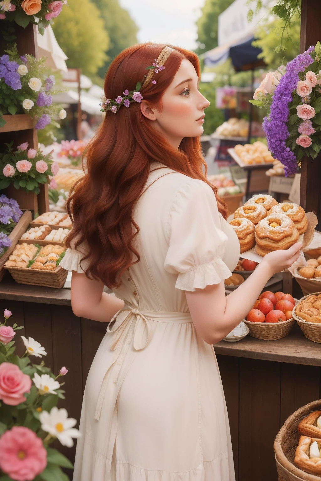 Request a Pre-Raphaelite interpretation of a woman in her mid-thirties, her auburn hair cascading down her back, exploring an outdoor market filled with vibrant flowers, artisanal crafts, and the delightful aroma of fresh pastries.