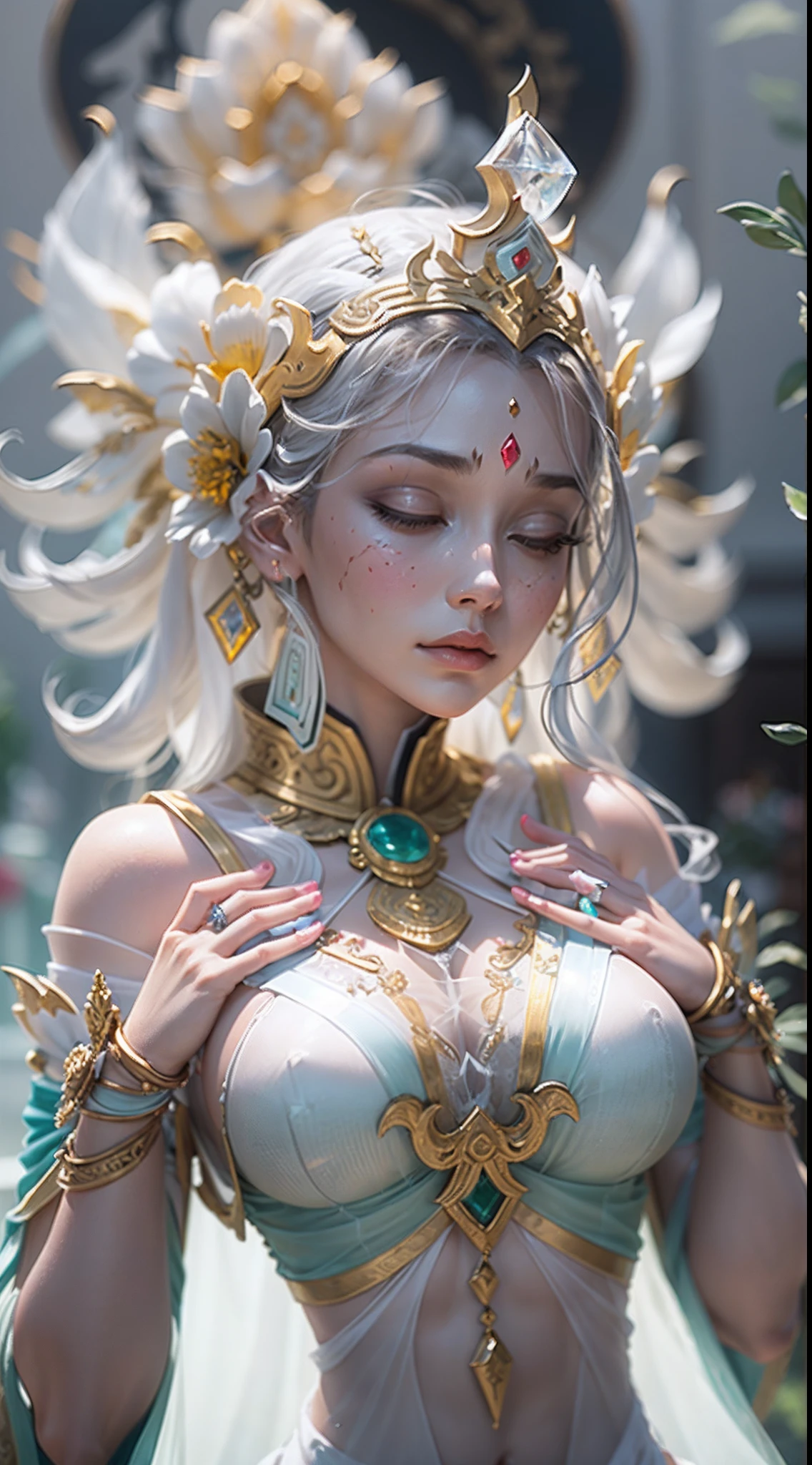 best qualtiy,Masterpiece,Photorealsitic,the detail,super detailing,rendering by octane,lightand shade contrast,Jade carving girl,Solo,closeup cleavage,The whole body occupies half of the picture,((((Meditating)))),Hand pinching the law,(A body made of white jade:2),(((Crystal clear body))),((((Transparent material representation)))),Extremely perfect material properties,Material reflection,Perfect facial features,Elaborately carved face,Behind it is a huge phantom