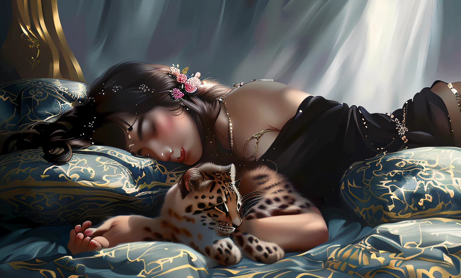 On the bed lay a woman with long hair，The hair is covered with beautiful ornaments，There are two small leopards, by Cynthia Sheppard, magali villeneuve', inspirado em Cynthia Sheppard, graphic artist magali villeneuve, lovely digital painting, by Yang J, Guviz-style artwork, By Li Song, author：Gao Fenghan, author：Chen Lin, by Ai Xuan, By Ni Tian
