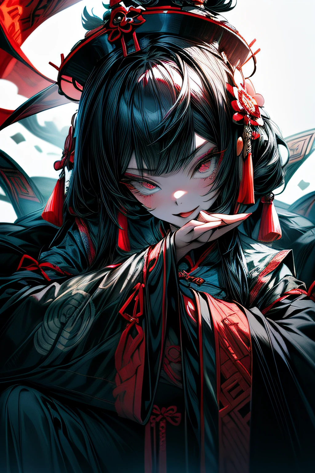 Chinese Gothic Punk、JIANGSHI style,Daughter of the Chinese emperor、Overwhelming intimidation、Put your hands in your sleeves,(Comic Noir Style),(linear art_Anime),(solid color_highcontrast),(masutepiece, Best Quality, ),(Laura Bad Picture:1.2),(Lora Add Details:1.2),8K, Flat color:1.2,1girl in,JIANGSHI QUEEN SITTING ON A CRIMSON THRONE WEARING A HEAVY CLOAK,JIANGSHI,BEAUTY JIANGSHI、Very long hair、Chinese Opera style makeup,Luxurious costume with beautiful embroidery_Dragon and phoenix embroidery:1.2,(lora:add more detail:1.2)