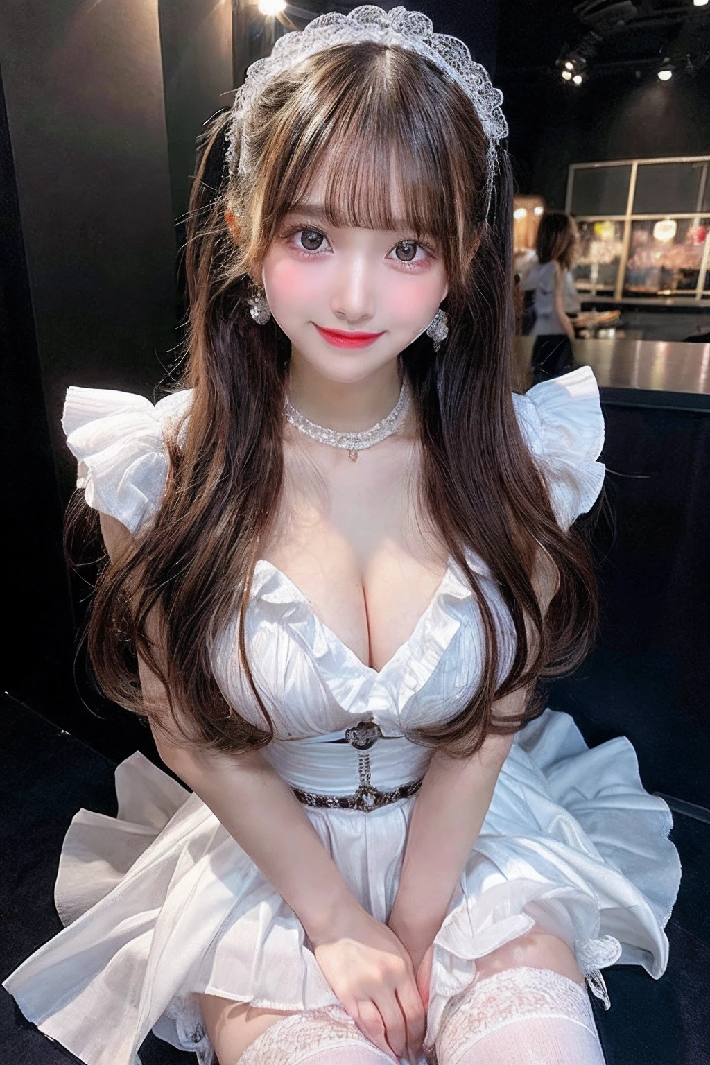 full body Esbian,Many piercings,bangss,top-quality,ultra-detailliert,​masterpiece,realisitic,Photo Real,Bright lighting,1 girl in, (kawaii:1.2),Thin smile, (Brown eyes),(bangss),perfect glossy skin,flawless skin,large full breasts,((accurate hands without incongruity)), big breasts thin waist, Look at viewers,full body Esbian,Idol costumes,dress with ruffles,knee high socks,stage,illuminating,Eye lashes,dual, girl,a baby face,ir,